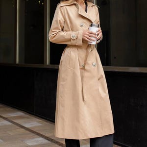 Beige Cotton Trench Coat for Women | Elegant Long Belted Trench | Classic Double Breasted Jacket