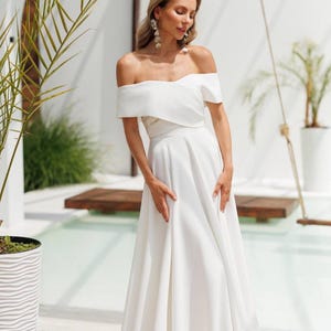 White Off-Shoulder Midi Wedding Dress – Puffy Skirt Civil Ceremony Gown – Modern Bridal Reception Dress – Tea-Length A-Line Silhouette