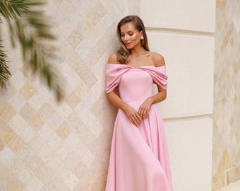 Baby Pink Prom Dress off Shoulder Tea Length Midi Gown Blush Cocktail Dress  Engagement Party Outfit Formal Pink Dress - Etsy