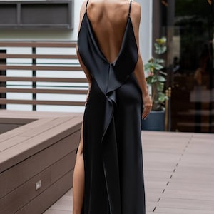 Black Satin Maxi Dress: Elegant Backless Evening Gown