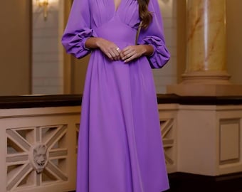 Purple Midi Dress Long Sleeve, Elegant Violet Dress