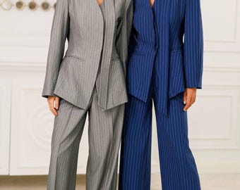 Pinstripe Crepe Pantsuit with Wide-Leg Trousers & Scarf