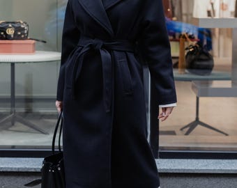 Wool Blend Belted Coat: Elegant Black Oversized Winter Outerwear