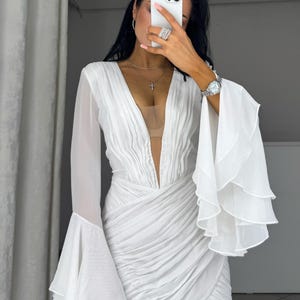 Bridal Mini Dress  Long Sleeves – Exclusive Wedding Short Dress - White mini dress- Bachelorette Party Dress-Wedding Dress-White Party Dress