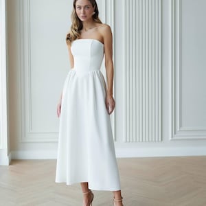 White Corset Midi Dress, Bridal Civil Wedding Dress, Elegant Strapless Bustier Gown, Modern Bride Outfit, Minimalist Wedding Dress