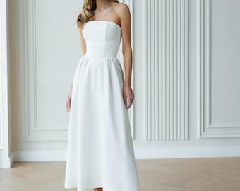 White Corset Midi Dress, Strapless A-Line Bridal Gown