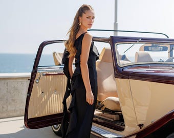 Satin-Schwarz-Maxi-Kleid, Spaghetti-Bügel-offener Rücken Abendkleid