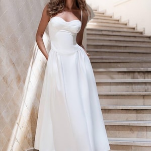 White Corset Midi Dress: Strapless A-Line Wedding Bridal Gown