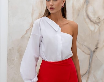 White Asymmetrical One-Shoulder Cotton Blouse, Modern Shirt