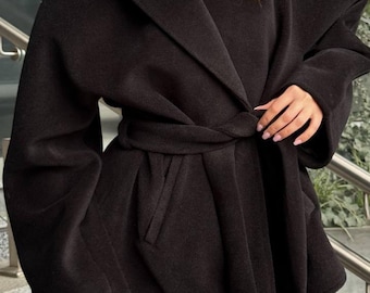 Black Wool Blend Cropped Coat: Belted Minimalist Fall Jacket