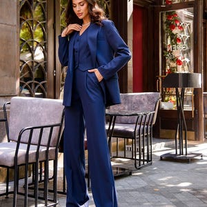 Navy Blue Women&#39;s 3-Piece Suit: Viscose Blend Blazer, Vest & Wide Leg Trousers