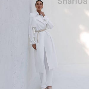Oversized White Cotton Trench Coat - Belted Women&#39;s Coat