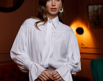 Elfenbein Rüschen Ärmel Bluse, elegantes Langarm-Shirt, Büro Button-Down-Top für Frauen