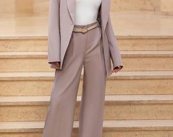 Beige Crepe Pantsuit, Wide-Leg Blazer Suit, Elegant Women's Formal Wear
