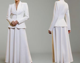 Bridal Skirt Suit, Minimalist Blazer Midi Skirt, Wedding Outfit