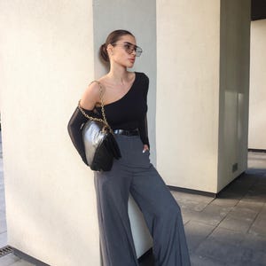 Women’s Wide-Leg Pants|Gray Wool Blend Trousers|High-Waist Casual Pants|Women trousers,Gray women trousers for the office,Office women pants
