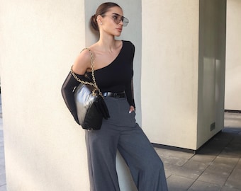 Pantalones anchos de mezcla de lana gris - Pantalones elegantes de cintura alta