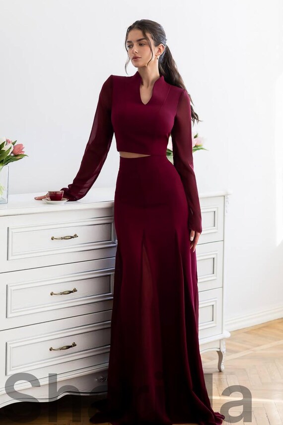 burgundy two piece dress Set, Elegant Formal Outfit, Maxi Skirt and Top Set Burgundy prom dress