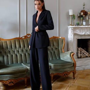 Black Women's Suit Set | 2-Piece Elegant Blazer & Trouser Outfit|Classic Formal Pantsuit with Belt| Wedding Guest Look|Blazer and Pants Suit