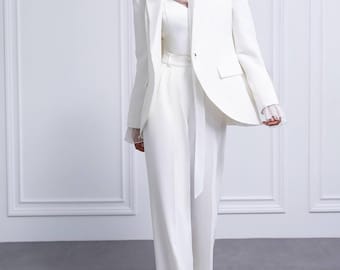 White Crepe Bridal Pantsuit, Modern Wedding Blazer & Palazzo Pants