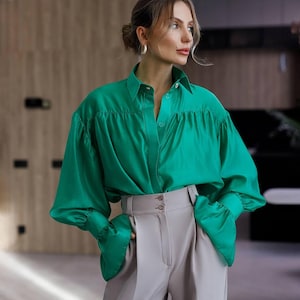Tencel Voile Blouse: Flared Cuff Button-Up Shirt