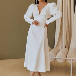 White Satin Midi Dress, Long Sleeve Midi dress, Satin Midi Dress with open back, Satin Midi Dress, White Bridal Dress civil wedding