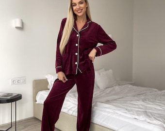 Burgundy Velour Pajama Set: Women's Two-Piece Winter Sleepwear