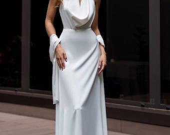 White Satin Halter Wedding Dress: Elegant Open Back Maxi with Scarf