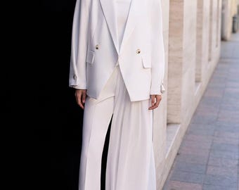 Ivory Bridal Pantsuit, 3-Piece Blazer Set, Wide Leg Wedding Outfit