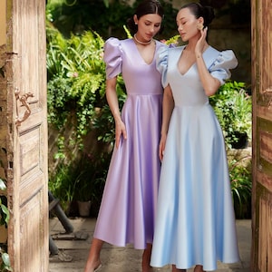 Romantic Puff Sleeve Dress,Puff Sleeve Midi Dress | NeutralSatin Cocktail Dress |Elegant A-line Formal Dress | Classic Modest Occasion Dress