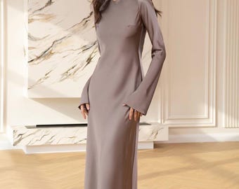 Beige Satin Maxi Dress | Long Sleeve Evening Gown, Minimalist Formal Outfit