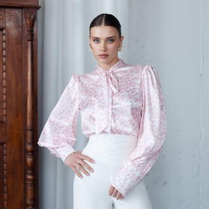 Silky Satin Colorblock Blouse: Elegant Long Sleeve Office Wear