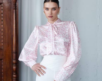 Silky Satin Colorblock Blouse: Elegant Long Sleeve Office Wear