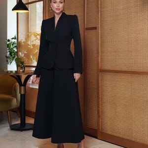 Black Crepe Skirt Suit: Elegant Blazer & Midi Skirt - Formal Wear