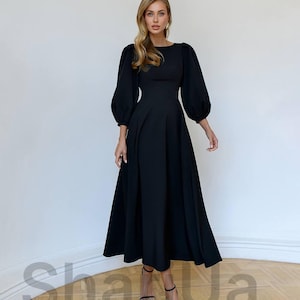 Black Midi Dress with Puff Sleeves and Back Bow – Elegant Modern Dress for Civil Weddings, Receptions, Parties & Formal Occasions