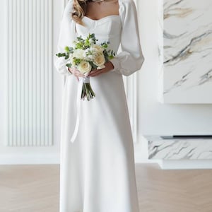 White Midi Dress: Sweetheart Neckline, Long Sleeves - Elegant Crepe