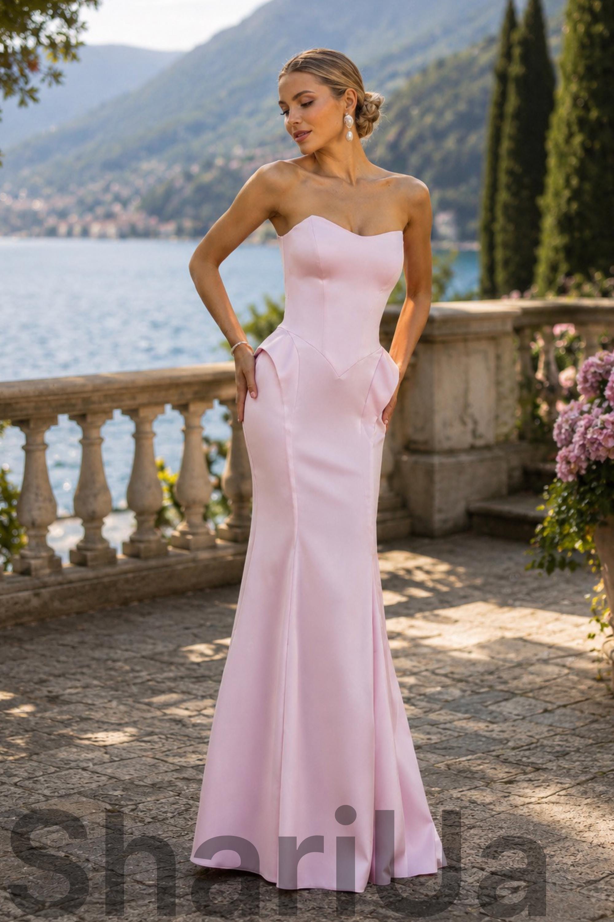 Blush Pink Satin Strapless Maxi Dress