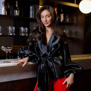 Black  Puff sleeve shirt, statement blouse, party blouse women, red silk blouse, wrap organza shirt, festive blouse,Black sheer puff sleeves
