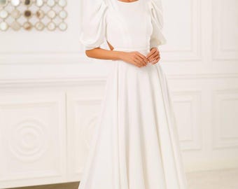 Vit midiklänning med öppen rygg, midiklänning för brud, elegant puffärmklänning, bröllopsfestklänning