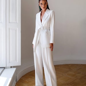 White Crepe Bridal Pantsuit: Elegant Wedding Blazer & Trousers