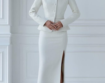 White Tweed Wedding Skirt Suit: Elegant Bridal Jacket & Pencil Skirt