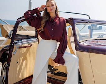 ホワイトワイドレッグクレープパンツとシルクシャツセット、レディースエレガントスーツ