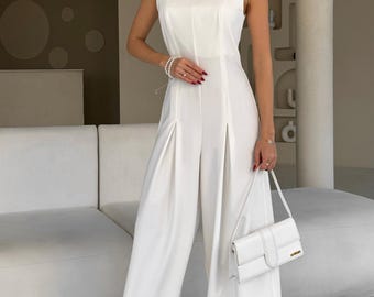 Bridal  Jumpsuit, Elegant Evening Wear,White Formal Jumpsuit Womens