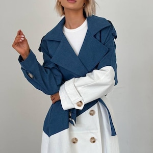 Two-Tone Denim Trench Coat: Oversized Double-Breasted Cotton Blend