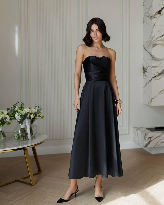 Black Satin Corset Midi Dress: Elegant Formal A-line