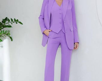 Traje de pantalón morado de 3 piezas para mujer, traje morado para mujer