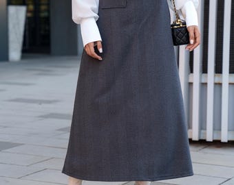 High-Waist Wool Midi Skirt: Gray Office Skirt with Faux Leather Belt