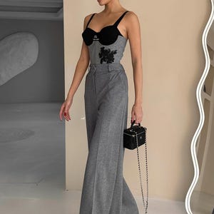 Gray Wool Corset & Culottes Set - Women&#39;s Office Suit