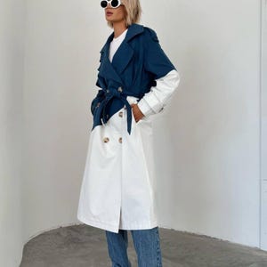Two-Tone Denim Cotton Trench Coat: Oversized Elegant Outerwear