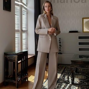 Beige Peplum Blazer Suit: Flared Trousers, Elegant Minimalist Pantsuit